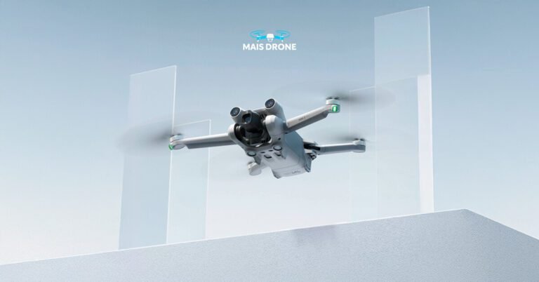 Drone DJI Mini 3 Pro voando em um cenário virtual de cor clara, destacando seu design compacto e avançado.