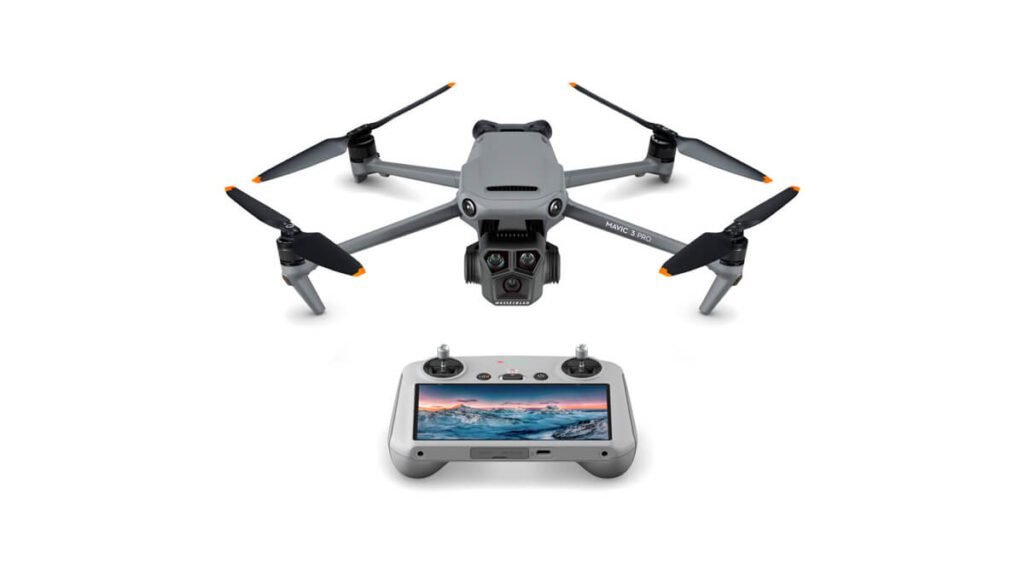 DJI Mavic 3 Pro, drone avançado para fotografia e videografia, com controle remoto em fundo branco.