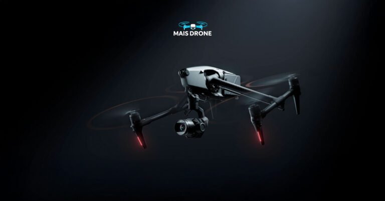 Drone DJI Inspire 3 voando contra um fundo preto, capturando imagens profissionais.