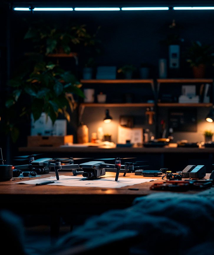 imagem de uma mesa ao fim do expedientes com pouca luz 3 drones em cima de uma mesa de trabalho de madeira