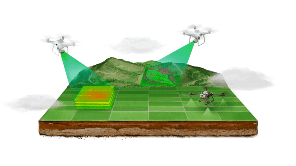 Ilustração mostrando drones agrícolas escaneando e pulverizando áreas de plantio com tecnologia de sensores e mapeamento 3D.