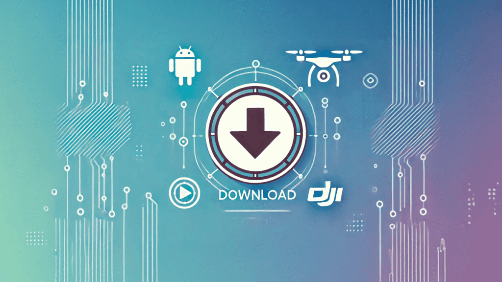 Imagem com elementos de tecnologia e simbolo de download representando como baixar e instalar o app dji fly no celular android.