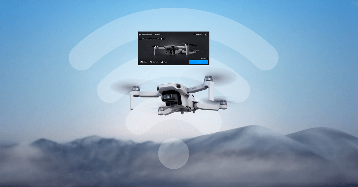 Imagem do Drone DJI Mini 2 se conectando ao celular pelo aplicativo DJI Fly.