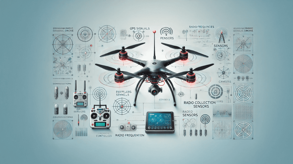 Ilustração de um drone em voo, destacando componentes como motores, hélices, sensores e unidade de controle, com legendas em português.