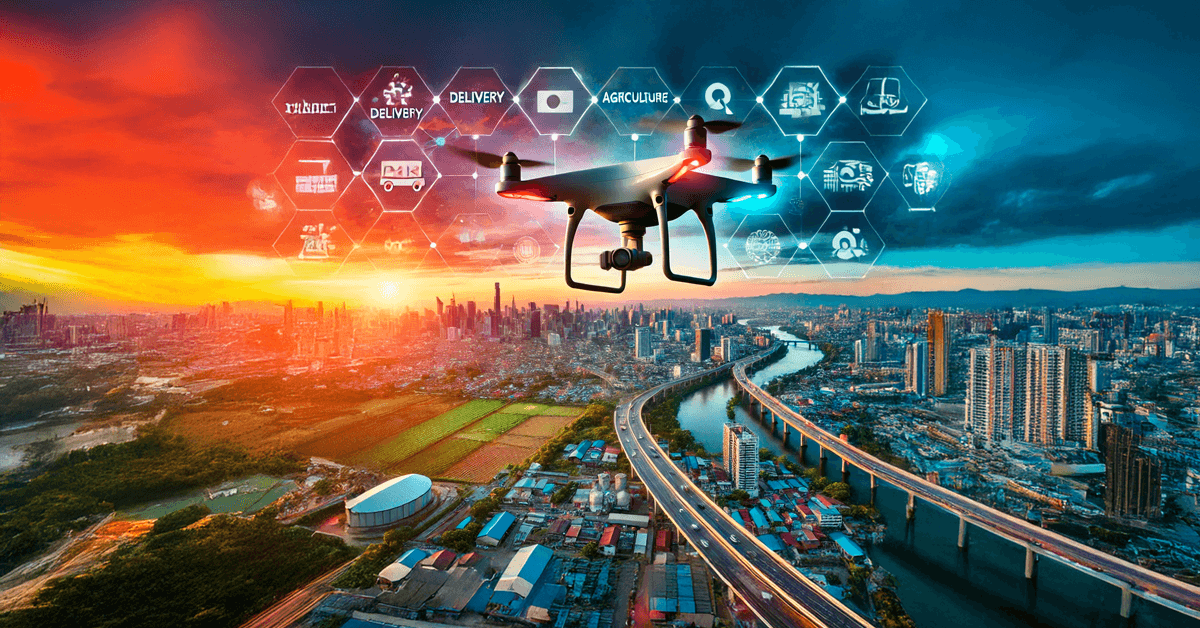 Drone profissional em ação durante o pôr do sol, simbolizando oportunidades de ganhar dinheiro com drone em setores como agricultura, filmagem e logística.