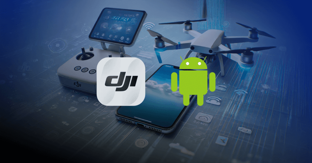 Imagem representando como instalar dji fly no android, no fundo um drone, um celular e um controle.