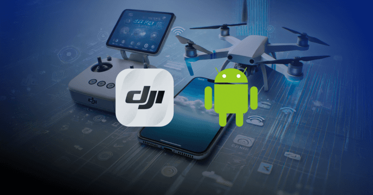 Imagem representando como instalar dji fly no android, no fundo um drone, um celular e um controle.