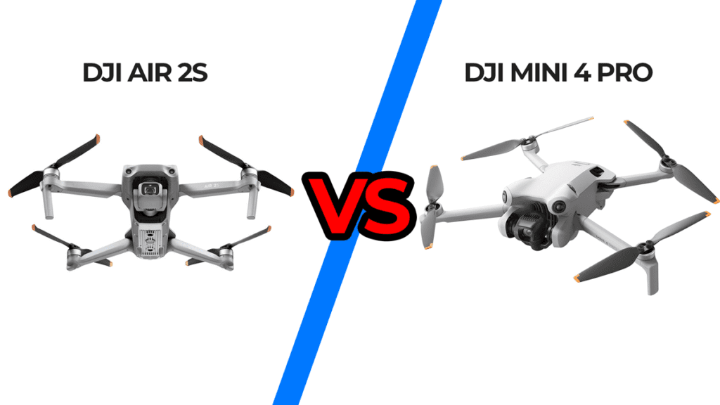 Uma imagem de comparativo do DJI Mini 4 Pro contra o DJI Air 2S em um fundo branco.