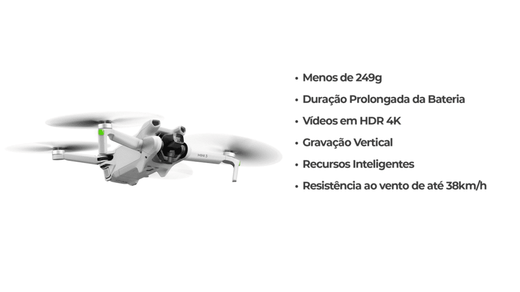 Drone DJI Mini 3 voando, com fundo branco.