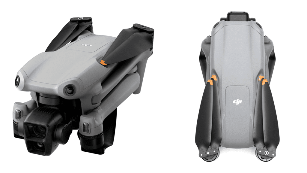 Drone DJI Air 3 dobrado, destacando seu design compacto e estrutura robusta para portabilidade e resistência.