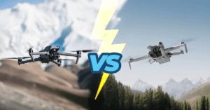 Comparação visual entre os drones DJI Air 3 e Mini 4 Pro, com paisagens ao fundo destacando as diferenças de design e aplicação.