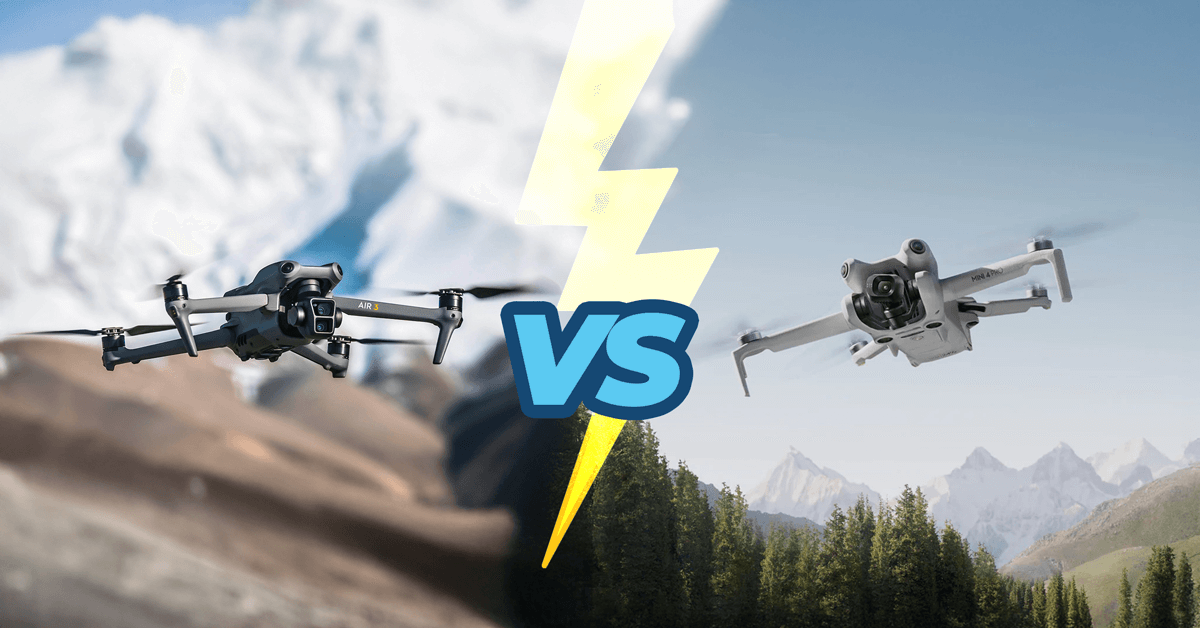 Comparação visual entre os drones DJI Air 3 e Mini 4 Pro, com paisagens ao fundo destacando as diferenças de design e aplicação.