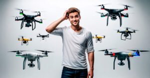 Um homem confuso sem saber qual drone barato escolher em meio a tantos drones.