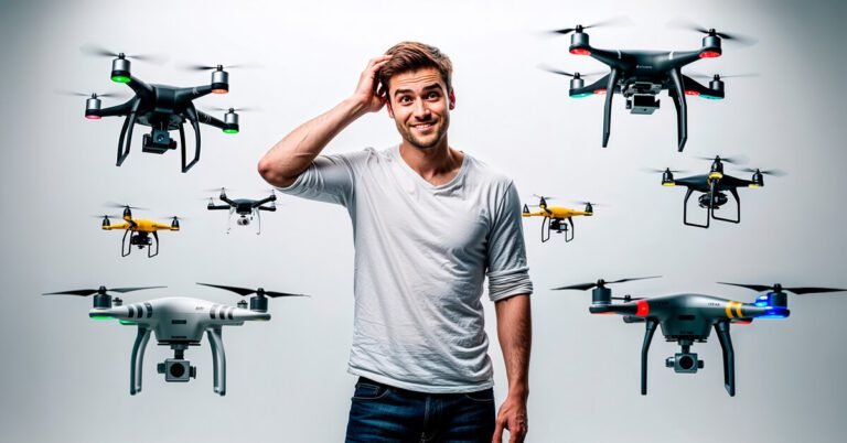 Um homem confuso sem saber qual drone barato escolher em meio a tantos drones.