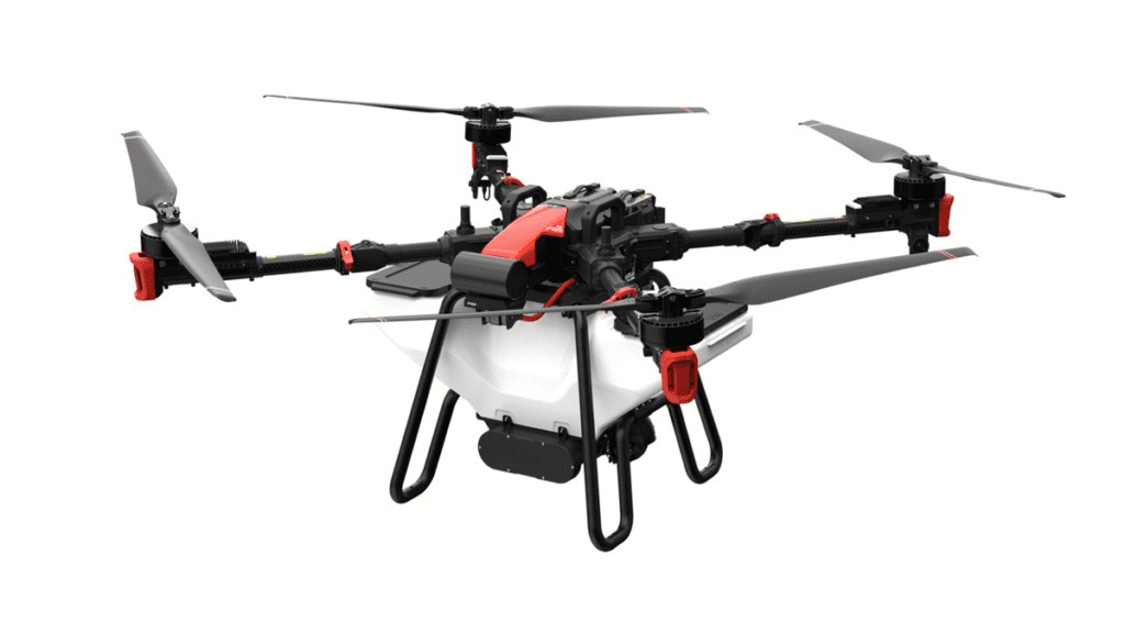 Drone de pulverização XAG em perspectiva lateral, exibindo tanque integrado e estrutura otimizada para agricultura.