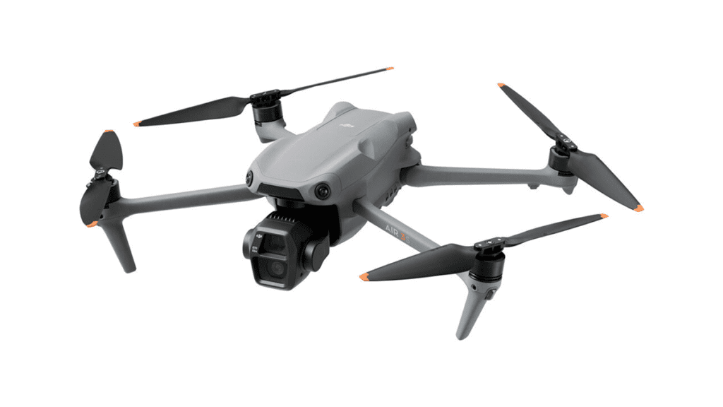 Imagem do drone DJI Air 3S, com design compacto e leve, ideal para capturas aéreas de alta qualidade e mapeamento, destacando sua versatilidade e inovação tecnológica.