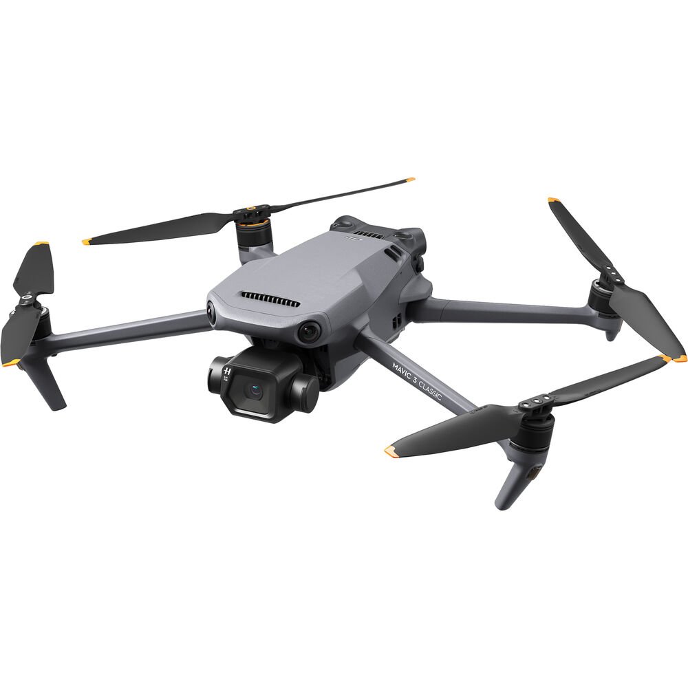 Imagem do drone DJI Mavic 3 Classic, com design robusto e câmera avançada Hasselblad, ideal para capturas aéreas detalhadas e mapeamento profissional.