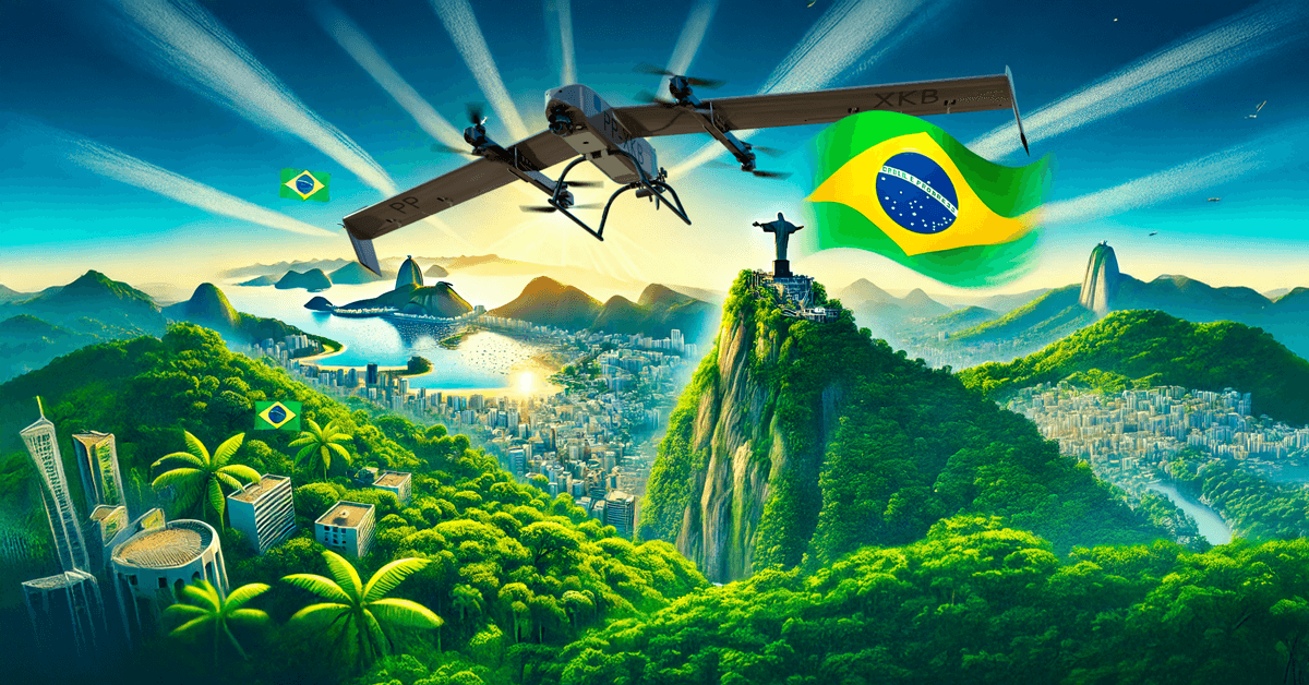 Drone militar Nauru 1000C em vôo com vista panorâmica do Rio de Janeiro com o Cristo Redentor ao fundo, representando a tecnologia do drone militar brasileiro e sua importância estratégica no contexto dos drones militares.