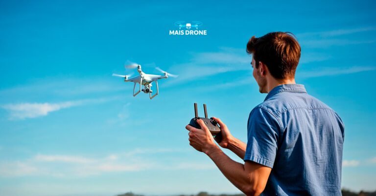 Um homem jovem iniciante pilotando um drone branco ao fundo um céu azul