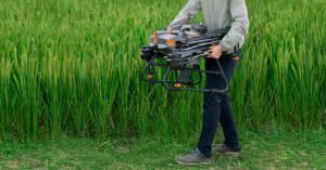 Um homem no campo segurando o drone Dji Agras T100