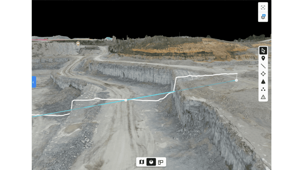 Imagem de um modelo 3D de georreferenciamento em uma área de mineração, destacando a precisão e detalhes obtidos por drones para georreferenciamento em terrenos complexos.