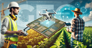 Homem em um canteiro de obras e outro em uma plantação de soja operando drones, com um mapa 3D em miniatura sendo mapeado ao centro, representando o uso de drones em georreferenciamento na construção civil e agricultura.