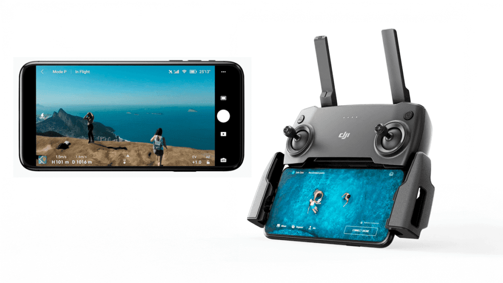 Um controle e um celular no fundo branco representando o app dji fly.