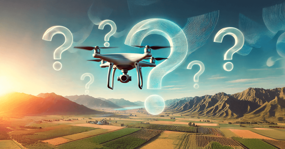 Imagem de um drone futurista voando sobre uma paisagem cênica com pontos de interrogação ao fundo, simbolizando a pergunta 'o que é um drone?