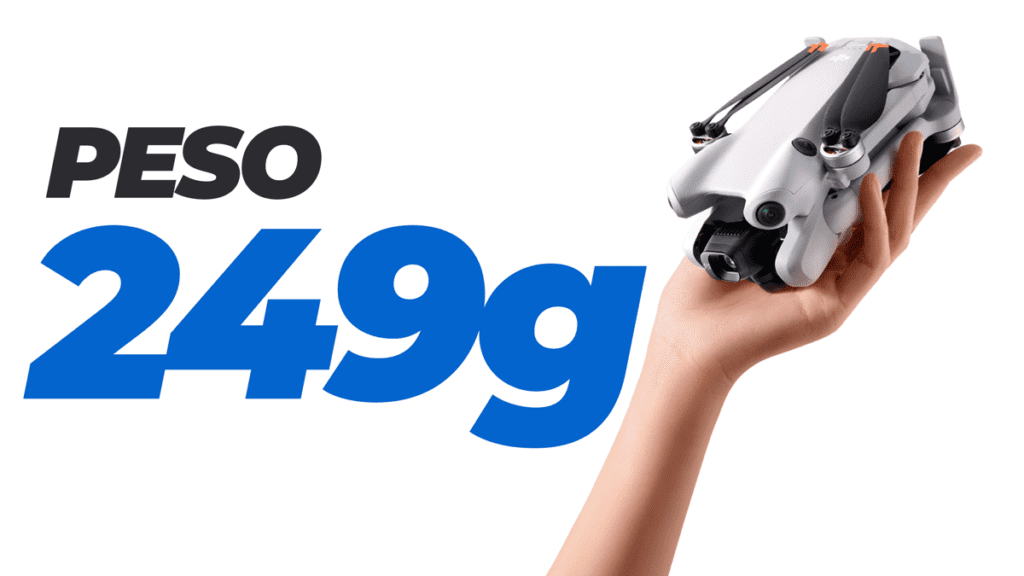 Drone DJI Mini 4 Pro dobrado na mão, destacando seu peso de 249g e portabilidade excepcional.