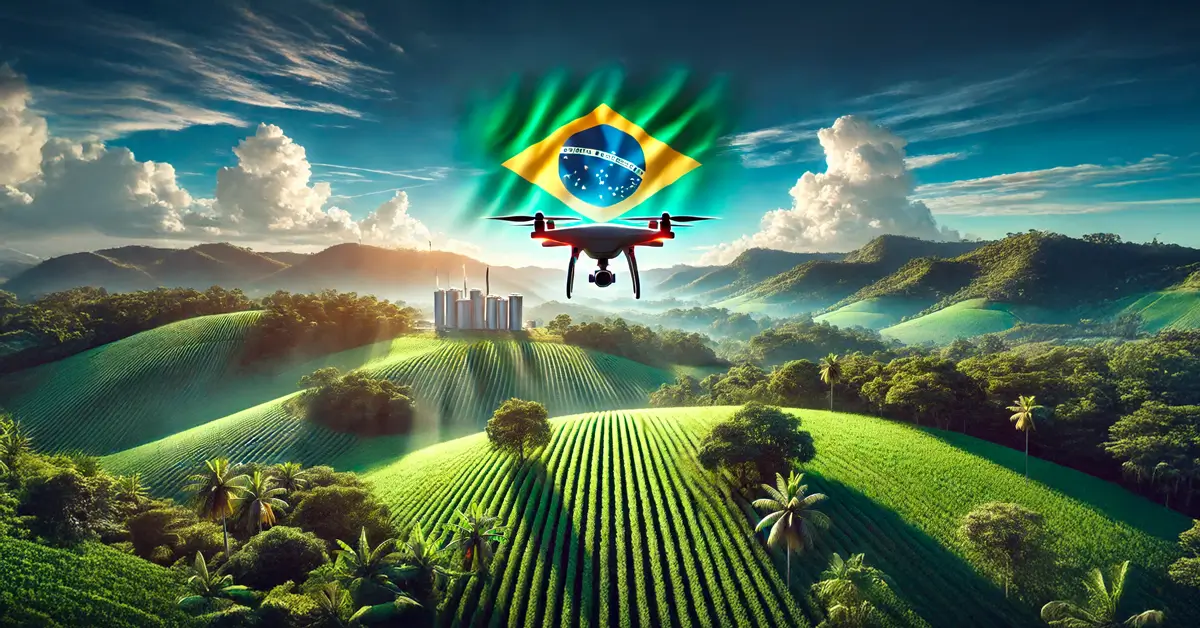 Drone sobrevoando uma vasta paisagem verde, representando a chegada e evolução dos drones no Brasil, desde seus primeiros voos até suas aplicações modernas." Esse texto descreve de forma clara e contextualizada a imagem, o termo de pesquisa e o conteúdo do artigo.