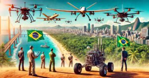 Uma visão aérea ilustrativa mostrando a evolução dos drones no Brasil. Em primeiro plano, um drone militar robusto semelhante ao BQM1BR em um campo de testes desértico, com engenheiros ao fundo. No horizonte, drones modernos sobrevoam uma paisagem vibrante do Brasil, incluindo uma praia tropical, a floresta amazônica e uma cidade movimentada, simbolizando o progresso tecnológico e a diversidade de aplicações dos drones no país.