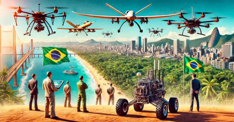 Uma visão aérea ilustrativa mostrando a evolução dos drones no Brasil. Em primeiro plano, um drone militar robusto semelhante ao BQM1BR em um campo de testes desértico, com engenheiros ao fundo. No horizonte, drones modernos sobrevoam uma paisagem vibrante do Brasil, incluindo uma praia tropical, a floresta amazônica e uma cidade movimentada, simbolizando o progresso tecnológico e a diversidade de aplicações dos drones no país.
