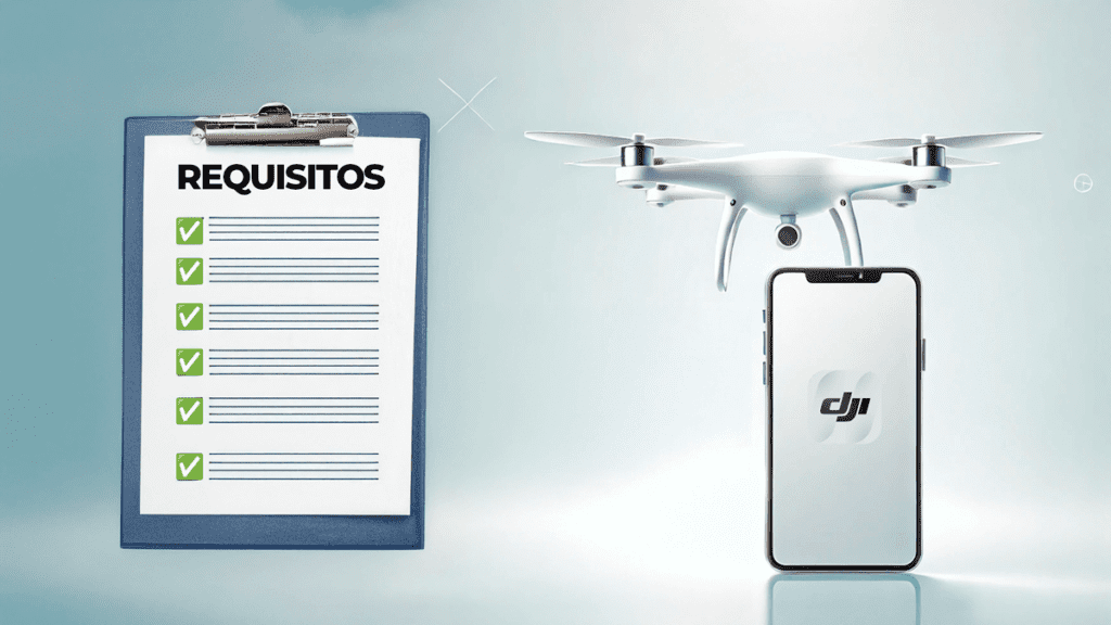Ilustração minimalista de um drone e um smartphone posicionados no lado esquerdo, com fundo claro representando os requisitos do sistema necessário para instalar o app dji flu