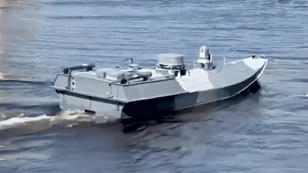 Drone naval ucraniano Sea Baby, projetado para ataques subaquáticos kamikaze contra navios inimigos.