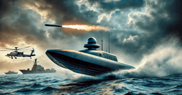 Drone naval ucraniano lançando míssil em direção a um helicóptero em cenário de guerra no mar.