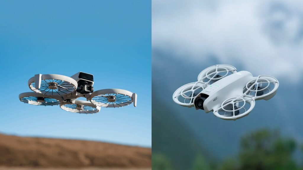 Comparação de desempenho de voo entre DJI Flip e DJI Neo, com ambos os drones em pleno voo, destacando suas diferenças de design e estabilidade no ar.