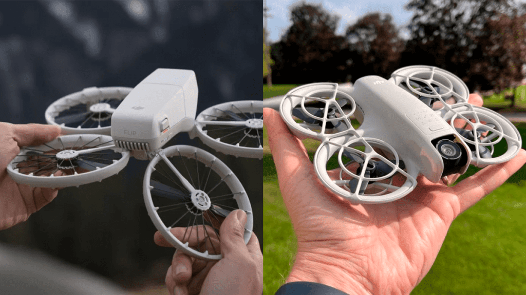 Comparação DJI Flip vs Neo: imagem mostrando os dois drones compactos sendo segurados na mão, destacando suas diferenças de design e portabilidade.