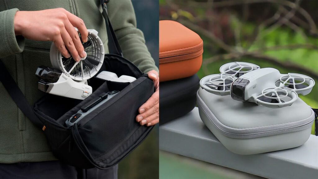 Comparação entre DJI Flip e DJI Neo destacando a portabilidade, com o Flip sendo guardado em uma bolsa e o Neo sobre estojos de transporte, mostrando sua praticidade para viagens.