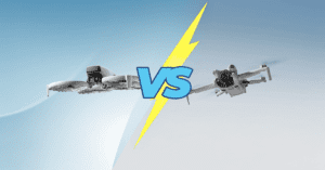 Comparação DJI Flip vs Mini 4 Pro: imagem destacando os dois drones lado a lado, com um efeito de raio e um ‘VS’ central para ilustrar o confronto entre os modelos.