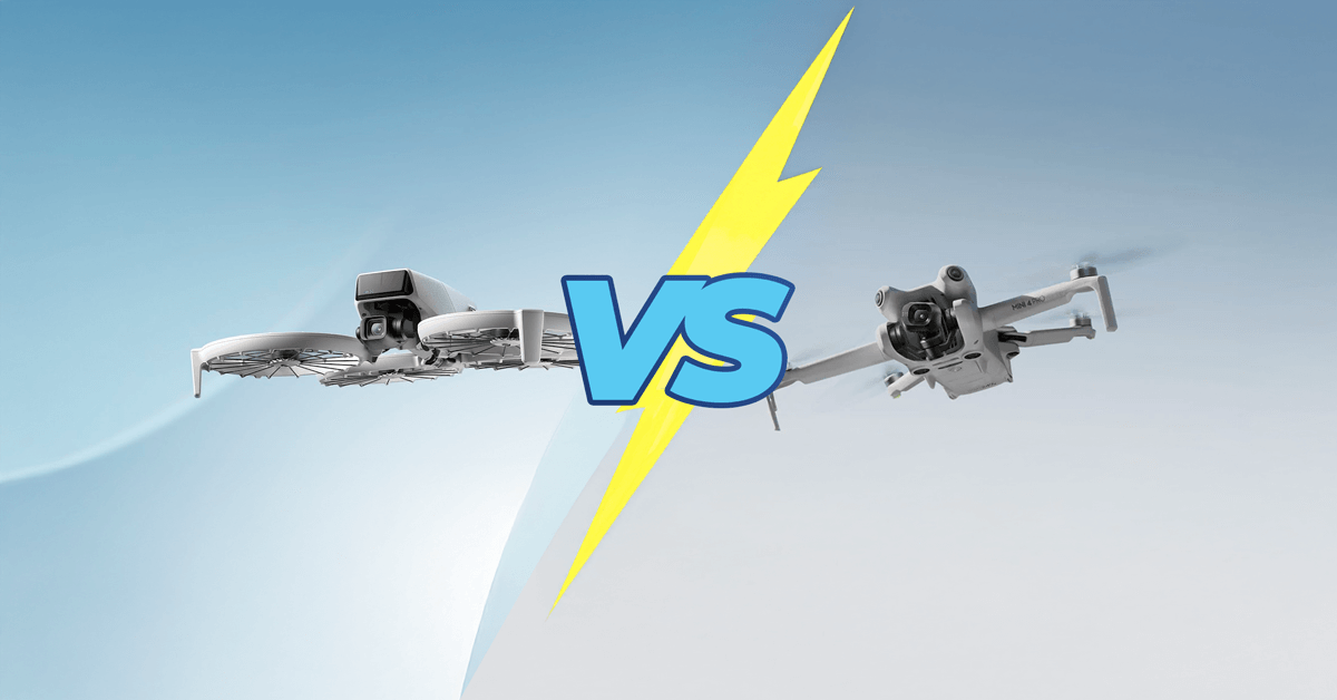 Comparação DJI Flip vs Mini 4 Pro: imagem destacando os dois drones lado a lado, com um efeito de raio e um ‘VS’ central para ilustrar o confronto entre os modelos.