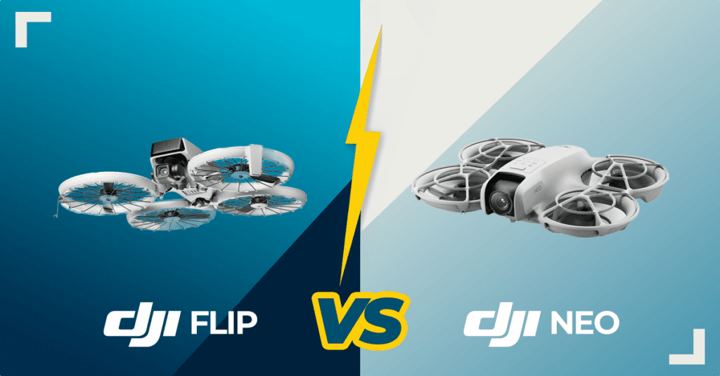 Comparação DJI Flip vs Neo: imagem destacando os dois drones lado a lado, com design diferenciado e um raio no centro simbolizando a disputa entre os modelos.