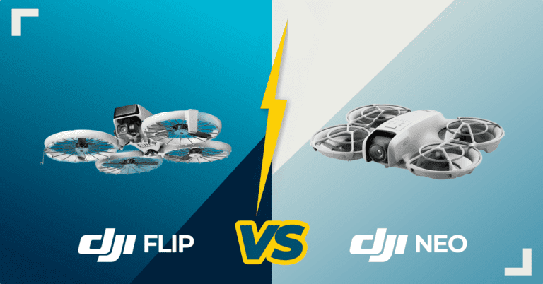 Comparação DJI Flip vs Neo: imagem destacando os dois drones lado a lado, com design diferenciado e um raio no centro simbolizando a disputa entre os modelos.