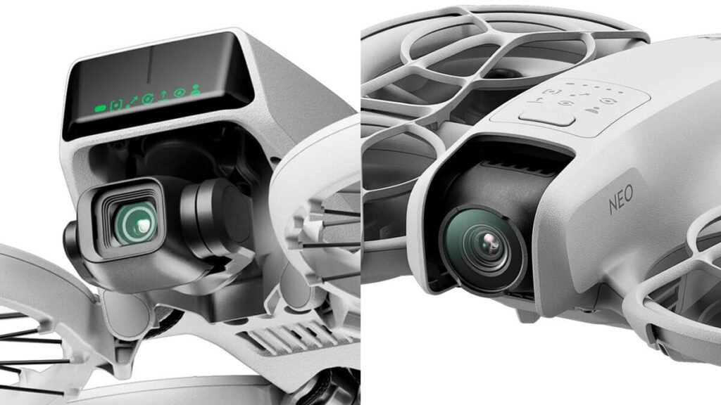 Comparação entre as câmeras do DJI Flip e DJI Neo, destacando os sensores e lentes de cada modelo, essenciais para a qualidade de imagem e gravação de vídeos.