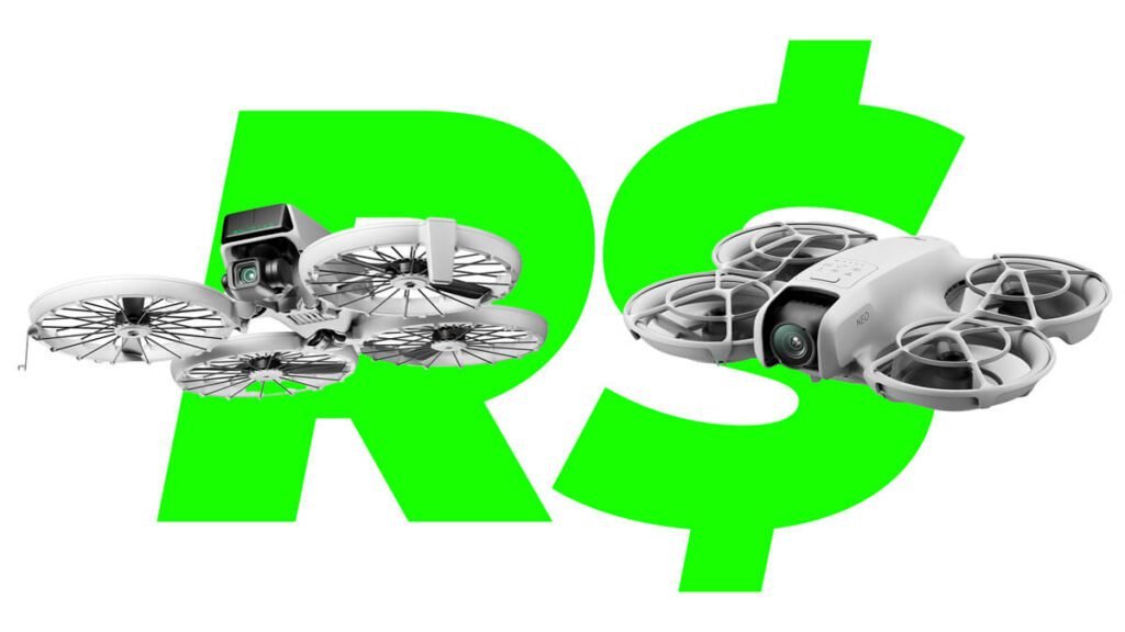 Comparação de preço e custo-benefício entre DJI Flip e DJI Neo, com os drones destacados sobre um grande símbolo de real (R$), representando o investimento necessário para cada modelo.