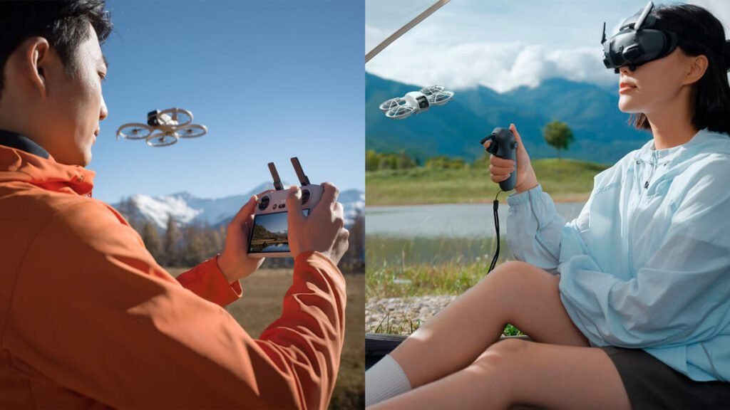 Comparação entre DJI Flip e DJI Neo destacando a segurança e facilidade de uso, com um homem pilotando o Flip com controle remoto e uma mulher controlando o Neo com óculos FPV e joystick.