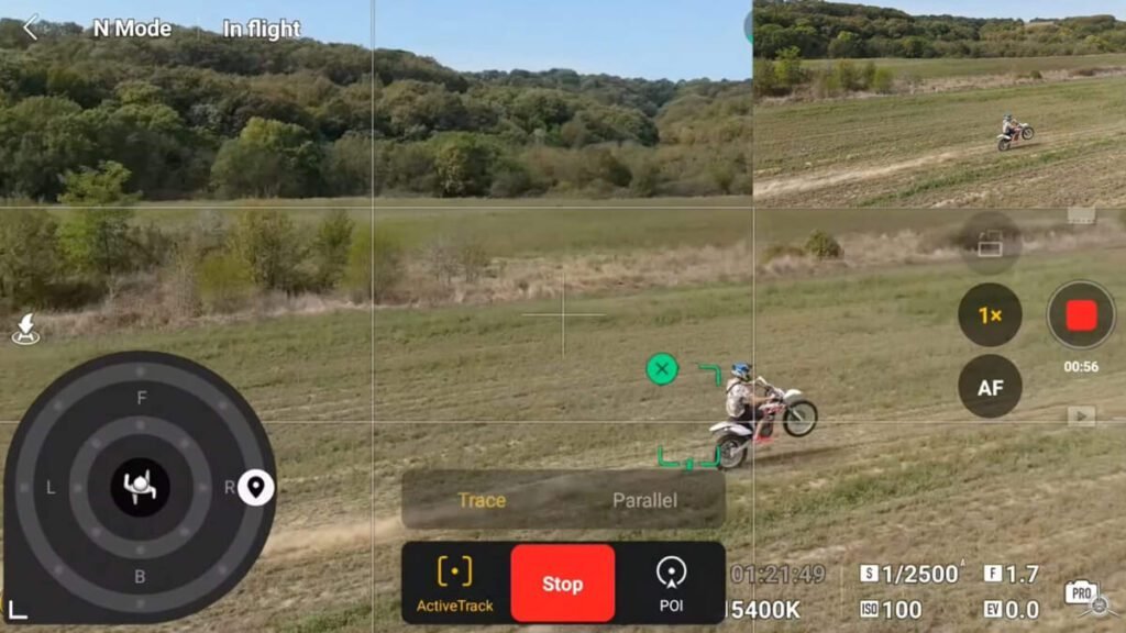 Tela do DJI Mini 4 Pro exibindo a função ActiveTrack 5.0, com rastreamento preciso de um motociclista em movimento, ideal para gravação de esportes e ações dinâmicas.