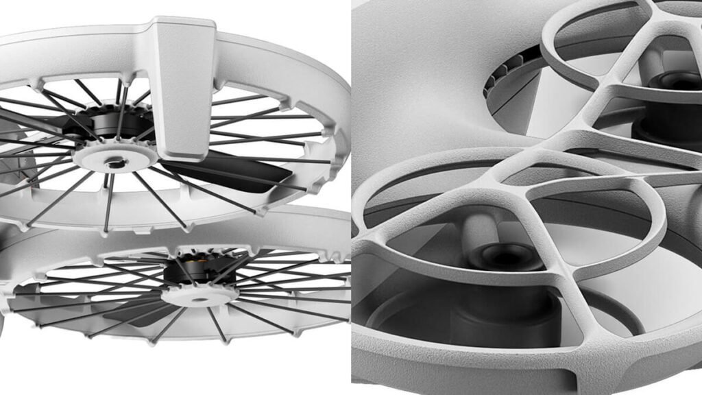Detalhe dos protetores de hélice do DJI Flip e DJI Neo, comparando seus designs de segurança para evitar impactos e danos durante o voo.